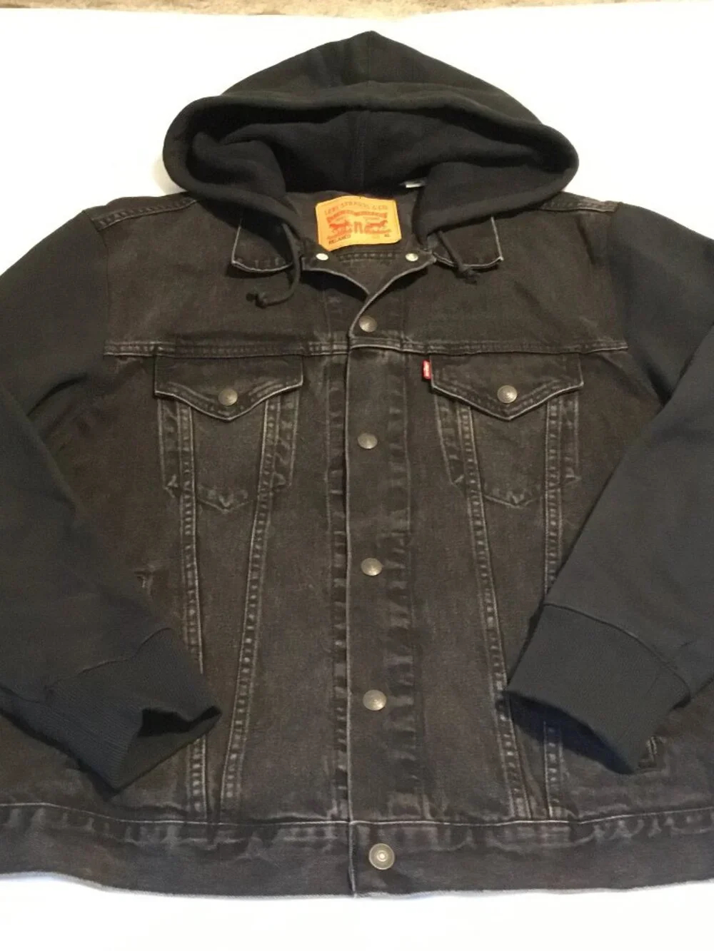 Levis Trucker Black Sweatshirt Hoodie & Sleeves Denim Snap Front Jacket XL - Picture 1 of 10